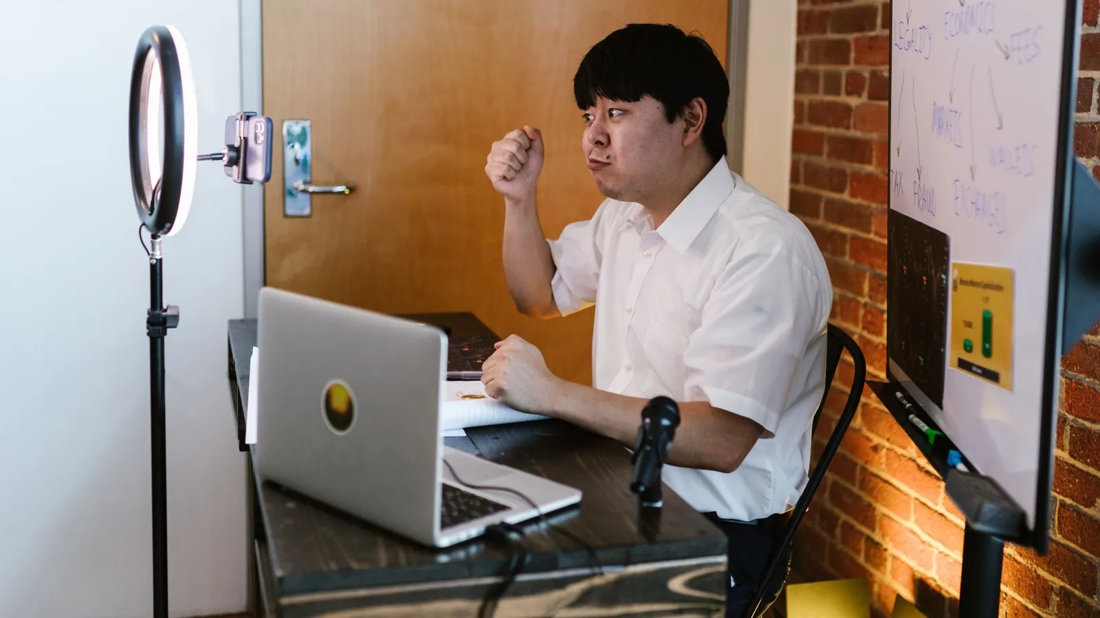 A distributed team on a video call from a modern office